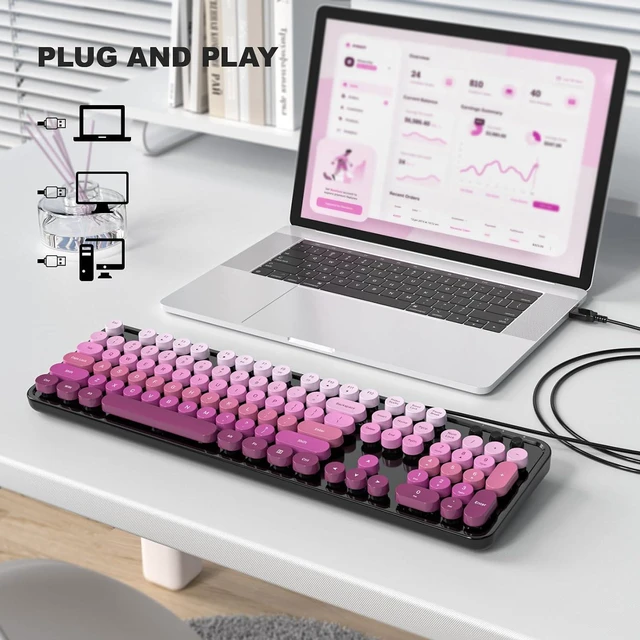 Alt view image 2 of 7 - Atelus Computer Keyboard Wired, Retro USB Keyboard with Large Number Pad, Caps Indicators, Foldable Stands, Full Size Typewriter Keyboard for Windows PC Laptop (Black Pink)