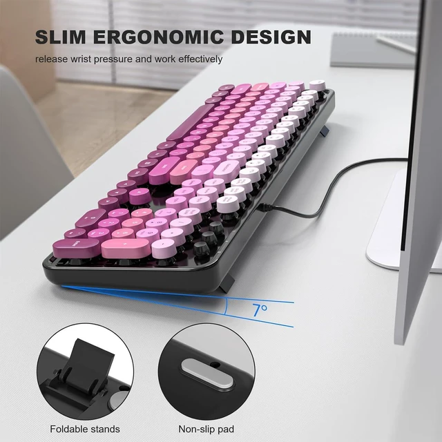 Alt view image 3 of 7 - Atelus Computer Keyboard Wired, Retro USB Keyboard with Large Number Pad, Caps Indicators, Foldable Stands, Full Size Typewriter Keyboard for Windows PC Laptop (Black Pink)