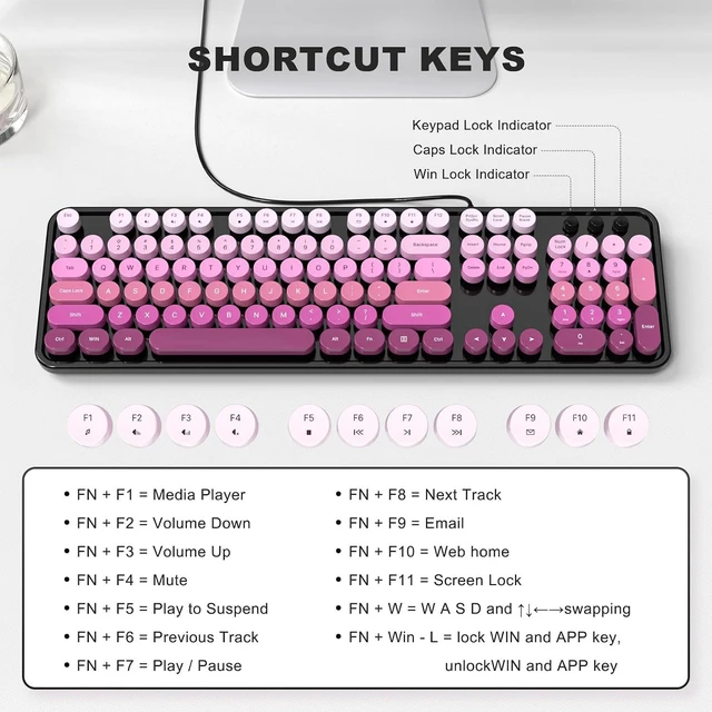 Alt view image 4 of 7 - Atelus Computer Keyboard Wired, Retro USB Keyboard with Large Number Pad, Caps Indicators, Foldable Stands, Full Size Typewriter Keyboard for Windows PC Laptop (Black Pink)