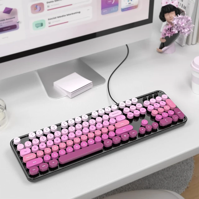 Alt view image 6 of 7 - Atelus Computer Keyboard Wired, Retro USB Keyboard with Large Number Pad, Caps Indicators, Foldable Stands, Full Size Typewriter Keyboard for Windows PC Laptop (Black Pink)