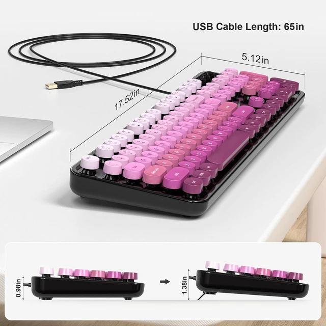 Alt view image 7 of 7 - Atelus Computer Keyboard Wired, Retro USB Keyboard with Large Number Pad, Caps Indicators, Foldable Stands, Full Size Typewriter Keyboard for Windows PC Laptop (Black Pink)