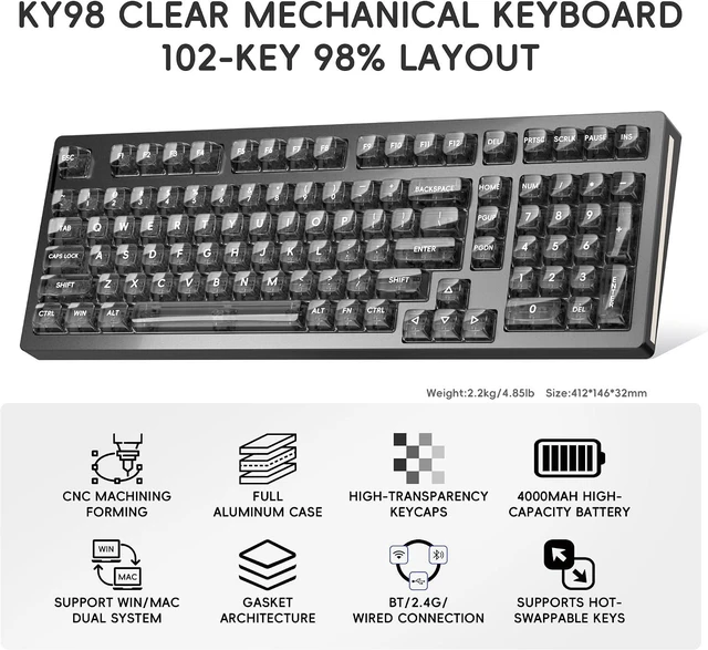 Alt view image 2 of 7 - kutethy KY98 Full Aluminum CNC Mechanical Keyboard with Transparent Keycaps,Hot-swappable,Pre-lubed Clicky Switches,Gasket Structure,RGB Backlit,BT5.0/2.4G/USB-C Wired (Black)