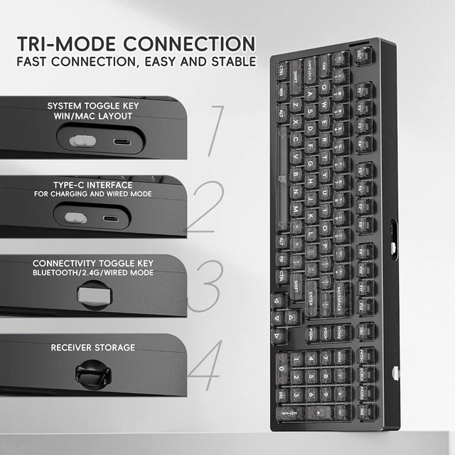 Alt view image 4 of 7 - kutethy KY98 Full Aluminum CNC Mechanical Keyboard with Transparent Keycaps,Hot-swappable,Pre-lubed Clicky Switches,Gasket Structure,RGB Backlit,BT5.0/2.4G/USB-C Wired (Black)