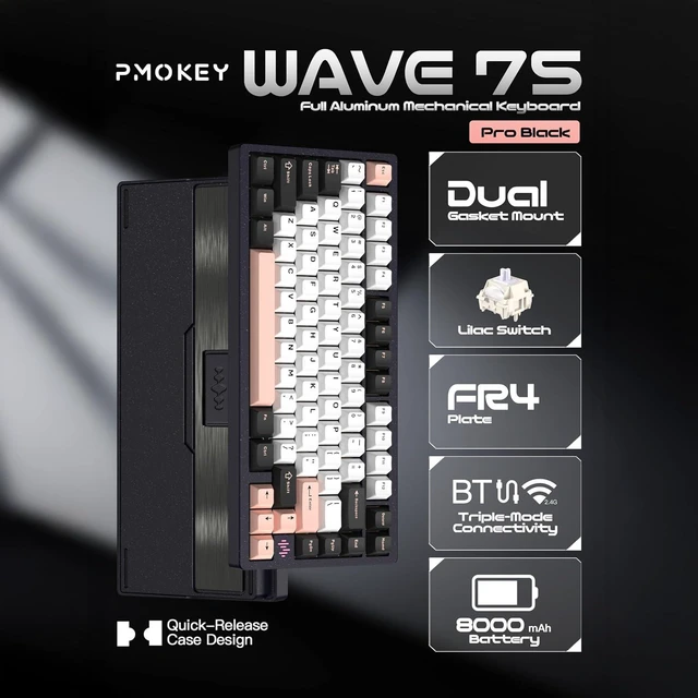 Alt view image 3 of 7 - KEEBMONKEY PMO Wave 75 CNC Aluminum Quick Release Tri-Mode Wireless Gaming Keyboard,QMK/VIA Tri-Mode Mechanical Keyboard with 8000mAh Battery,Hot-Swappable with RGB for Windows/Mac/PC (Pro Black)