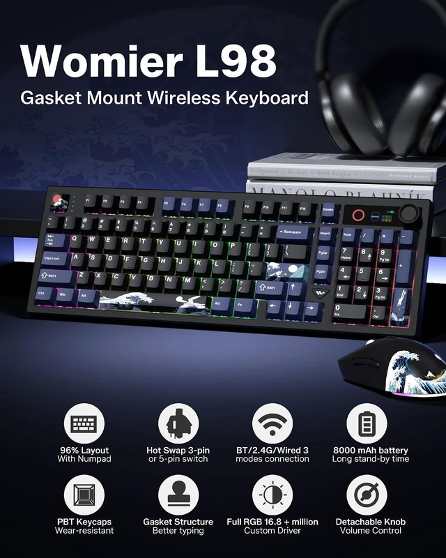 Alt view image 2 of 7 - Keyboard - L98 - Black - Black Coral Sea - Grey Switch - 3-Mode - Knob - with Screen