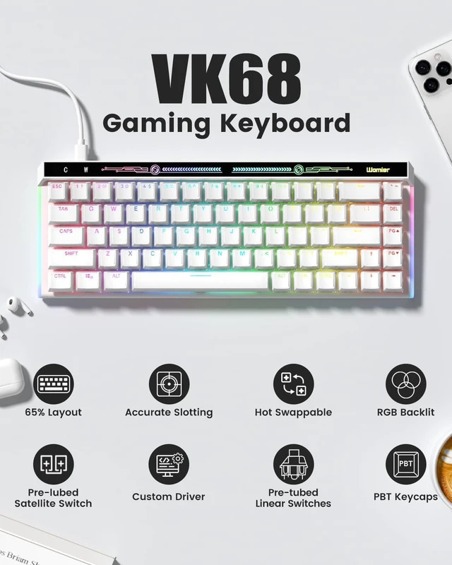 Alt view image 2 of 7 - Keyboard VK68 - White - Wired