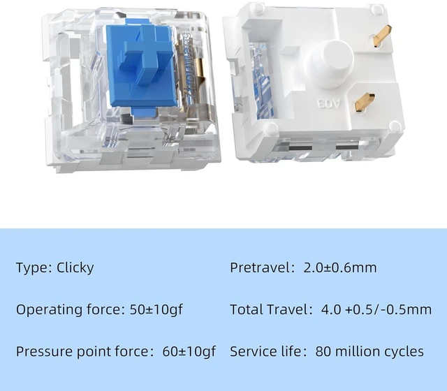 Alt view image 2 of 6 - Classic Blue Switch for Mechanical Gaming Keyboard,3 Pin 60gf RGB SMD Clicky Switch(Blue,90PCS)