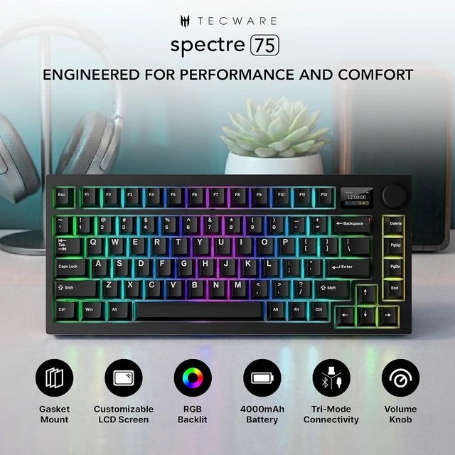 Alt view image 2 of 7 - Tecware Spectre 75 Mechanical Gaming Keyboard | Customizable LCD Screen Display & Knob | Tri-Mode Wireless Bluetooth 2.4GHz | Gasket Mount Hot Swappable | Black Cocoa Brown Tactile Switches