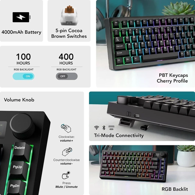 Alt view image 3 of 7 - Tecware Spectre 75 Mechanical Gaming Keyboard | Customizable LCD Screen Display & Knob | Tri-Mode Wireless Bluetooth 2.4GHz | Gasket Mount Hot Swappable | Black Cocoa Brown Tactile Switches