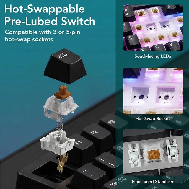 Alt view image 4 of 7 - Tecware Spectre 75 Mechanical Gaming Keyboard | Customizable LCD Screen Display & Knob | Tri-Mode Wireless Bluetooth 2.4GHz | Gasket Mount Hot Swappable | Black Cocoa Brown Tactile Switches