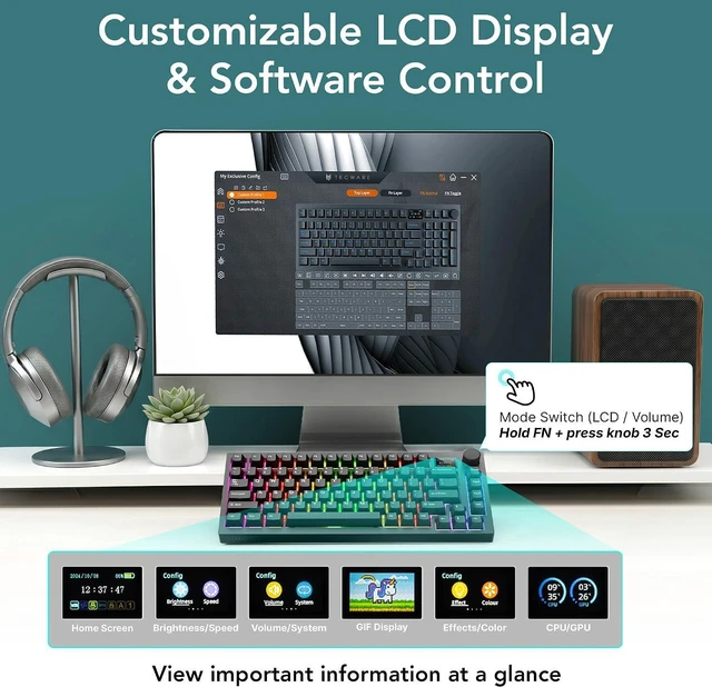 Alt view image 5 of 7 - Tecware Spectre 75 Mechanical Gaming Keyboard | Customizable LCD Screen Display & Knob | Tri-Mode Wireless Bluetooth 2.4GHz | Gasket Mount Hot Swappable | Black Cocoa Brown Tactile Switches