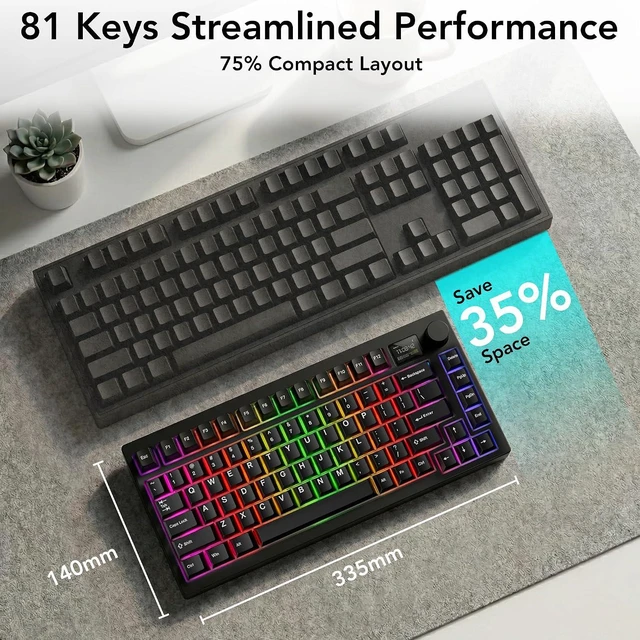Alt view image 6 of 7 - Tecware Spectre 75 Mechanical Gaming Keyboard | Customizable LCD Screen Display & Knob | Tri-Mode Wireless Bluetooth 2.4GHz | Gasket Mount Hot Swappable | Black Cocoa Brown Tactile Switches