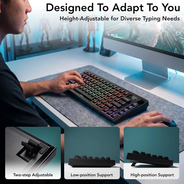 Alt view image 7 of 7 - Tecware Spectre 75 Mechanical Gaming Keyboard | Customizable LCD Screen Display & Knob | Tri-Mode Wireless Bluetooth 2.4GHz | Gasket Mount Hot Swappable | Black Cocoa Brown Tactile Switches