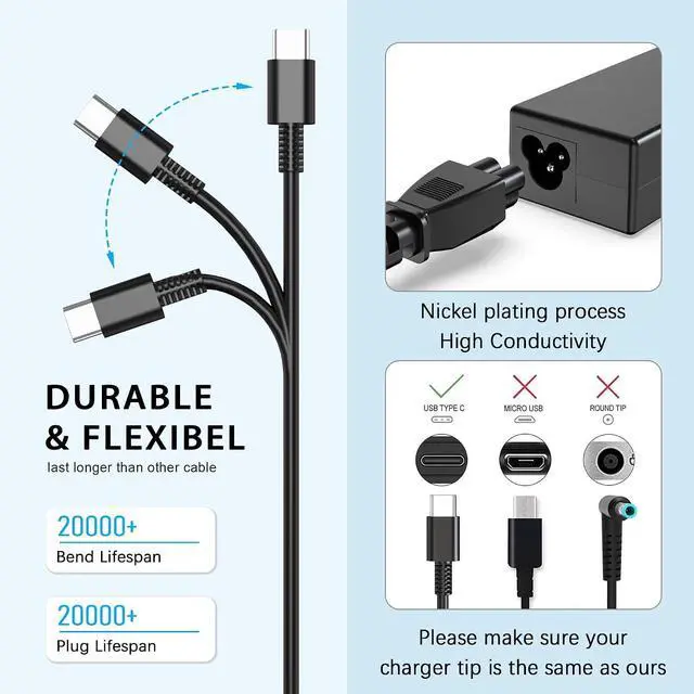 Alt view image 3 of 7 - 65W USB C Laptop Charger for HP Lenovo Dell Acer Asus Power Adapter Cord