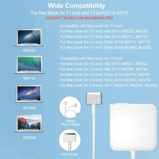 Alt view image 7 of 7 - Replacement for Mac Book Air Charger 6FT, 45W Mac Air AC Power T-Tip Shape Connector Adapter for Mac Book Air 11 inch & 13 inch Between 2012-2017