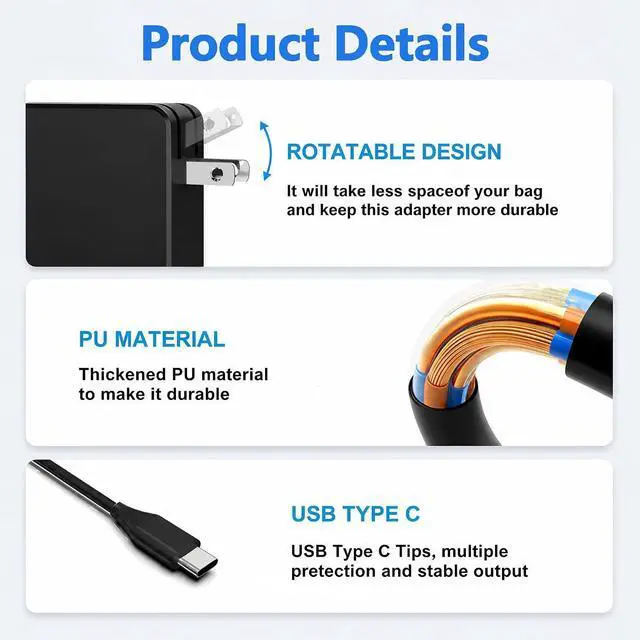 Alt view image 6 of 7 - 65W USB C Charger Compatible with Asus Zenbook 14 13 S13 S Flip 3 Deluxe Duo 14, Fit for Chromebook, Expertbook Laptop, Foldable Plug,Asus Laptop Power Supply