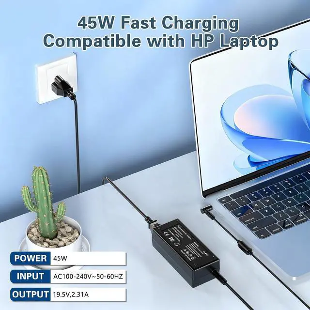 Alt view image 2 of 7 - 45W Laptop Charger for HP Laptop Computer Smart Blue Tip,Compatible with HP Pavilion x360 11 13 15 17,Elitebook Folio 1040 G1,Stream 11 13 14,Envy, ProBook,Notebook Series AC Adapter Power Cord