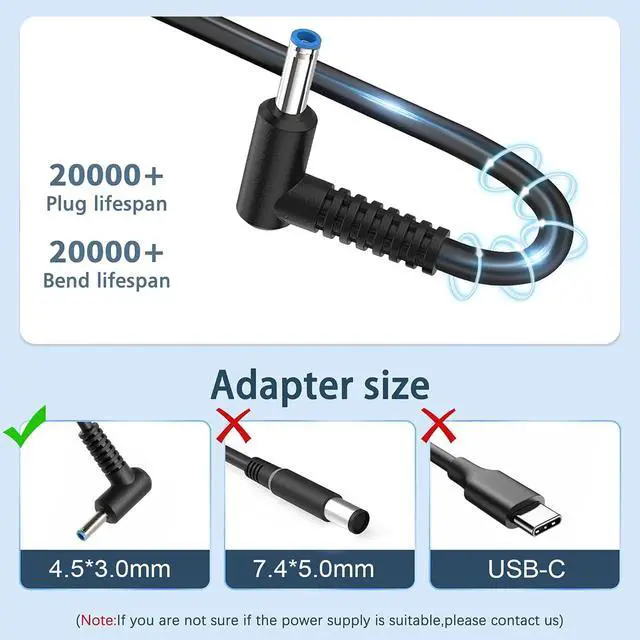 Alt view image 3 of 7 - 45W Laptop Charger for HP Laptop Computer Smart Blue Tip,Compatible with HP Pavilion x360 11 13 15 17,Elitebook Folio 1040 G1,Stream 11 13 14,Envy, ProBook,Notebook Series AC Adapter Power Cord