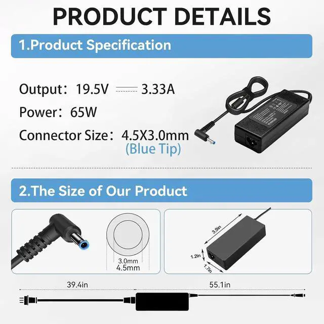 Alt view image 4 of 7 - 65W Blue Tip Laptop Charger for HP Probook -for HP Elitebook -for HP Pavilion AC Adapter