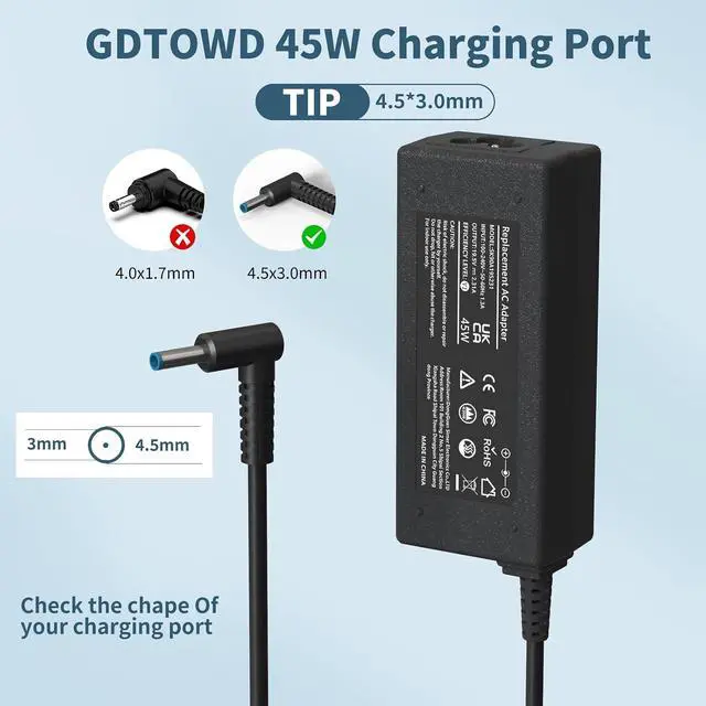 Alt view image 3 of 7 - Compatible with 45W HP Laptop Charger 19.5V 2.31A Smart Blue Tip AC Adapter