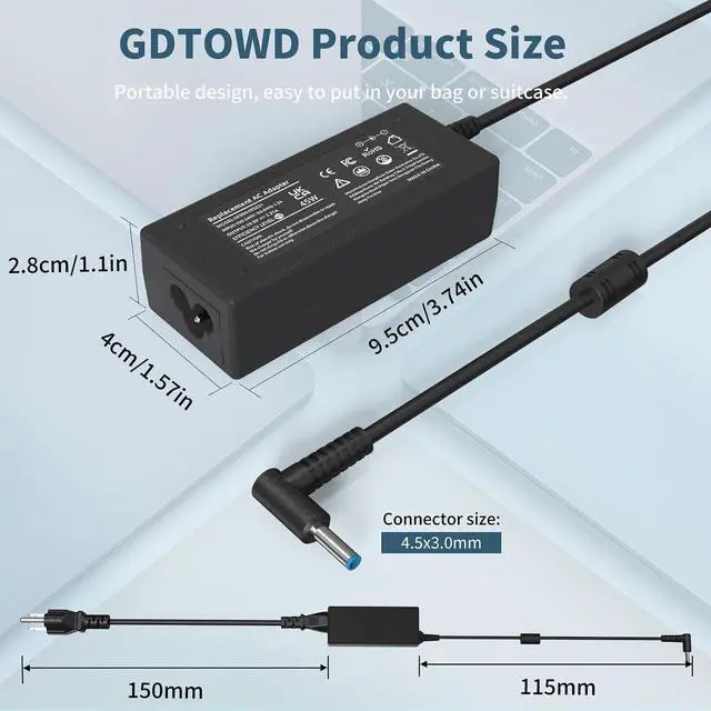 Alt view image 4 of 7 - Compatible with 45W HP Laptop Charger 19.5V 2.31A Smart Blue Tip AC Adapter