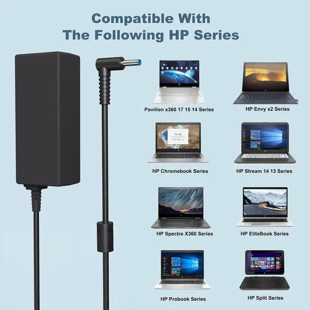 Alt view image 7 of 7 - Compatible with 45W HP Laptop Charger 19.5V 2.31A Smart Blue Tip AC Adapter