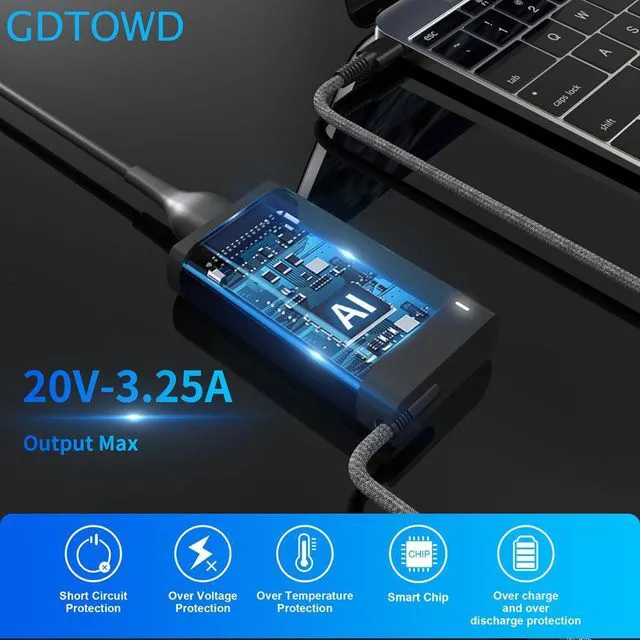 Alt view image 2 of 7 - 65W USB C Laptop Charger fit for HP Spectre/Envy X360 EliteBook Omnibook