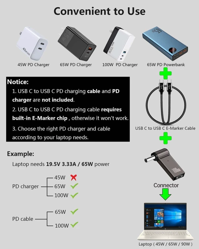 Alt view image 5 of 6 - USB C to Laptop Charger Converter, Type C to DC Plug, 100W PD, Charging Connector for Thinkpad X1 Legion Y7000P Laptop 20V (11 x 4.5mm Thinkpad Large Needle)