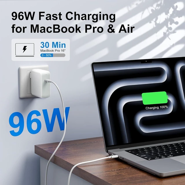 Alt view image 2 of 7 - 10ft Charger for MacBook Pro/Air 16 15 14 13 inch 2025 2024 2023 2022 2021 2020 M1 M2 M3 M4 96W USB C Power Adapter LED 100W USB-C Cable Charging as Fast as Original Quality