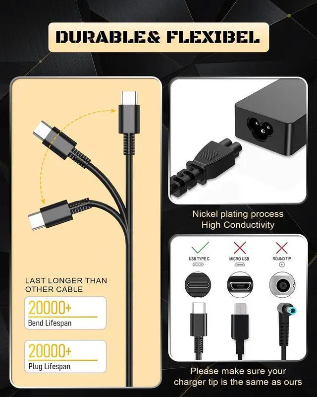 Alt view image 3 of 7 - 65W USB C Laptop Charger for Lenovo ThinkPad/Yoga/Chromebook Adapter Power