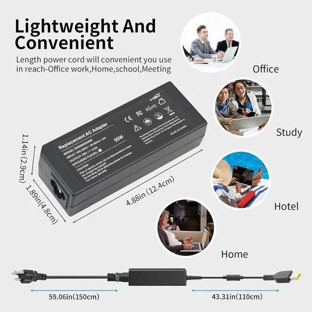 Alt view image 7 of 7 - New 90W/65W USB Tip AC Adapter Compatible with Lenovo Thinkpad X1 T460 T470 T450 T430 T440 T440P T540P 440S T460S T560 E560 E550 E440 IdeaPad Z510 Z710 PA-1900-081 6277-9QU Laptop Power Supply Cord
