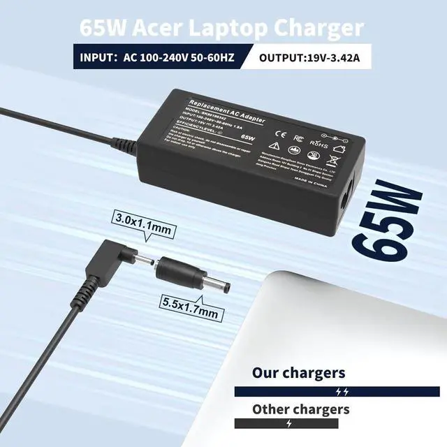 Alt view image 3 of 7 - 65W Laptop Charger Compatible with Aspire 3 5 15 Swift/Spin 5 3 1