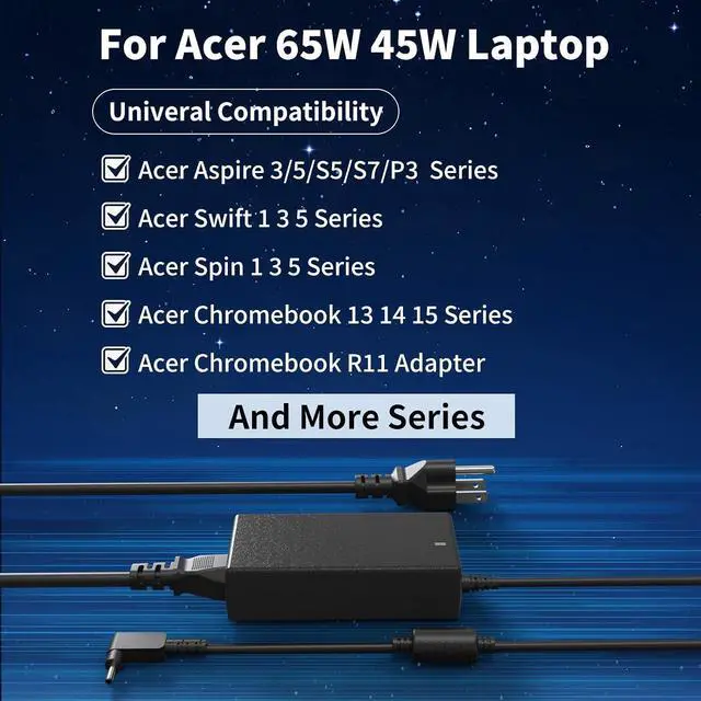 Alt view image 7 of 7 - 65W Laptop Charger Compatible with Aspire 3 5 15 Swift/Spin 5 3 1