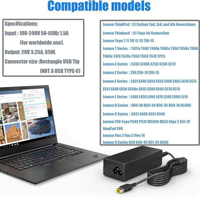Alt view image 6 of 7 - Replacement for Lenovo Laptop Charger 65W Adapter PowerCompatible with Lenovo Thinkpad T470 T470S T460 E531 E570 E560 L470 L460 L440 T440 T450 T540P X270 X250 X240 ADLX65NLC2A ADLX65NCC3A ADLX65NCC2A