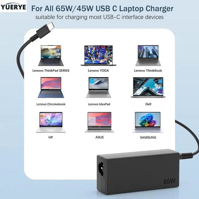 Alt view image 7 of 7 - 65W USB C Laptop Charger Compatible with Lenovo ThinkPad T480 T490 T580 X1 Carbon T14 T14s T16 E14 E16 Yoga C940 C930 720 910 920 7i Chromebook C330 S330,Type C Fast Charging Power Supply Adapter Cord