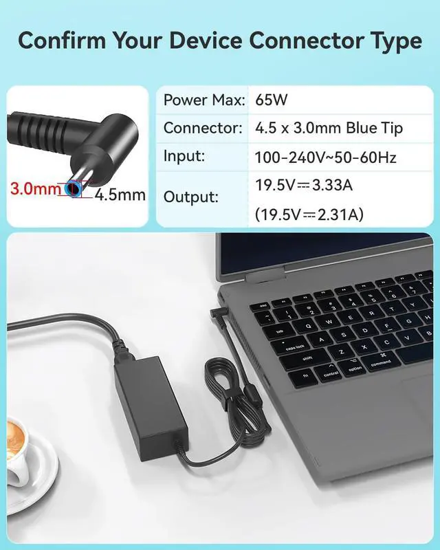 Alt view image 3 of 7 - 65W Laptop Charger for HP Pavilion X360 11 13 14 15 17, Envy 13 15 17 M6 M7, Elitebook Folio 1040 g1, Stream 11 13 14, Spectre X360 13 15, 19.5V 3.33A Power Cord Blue Tip