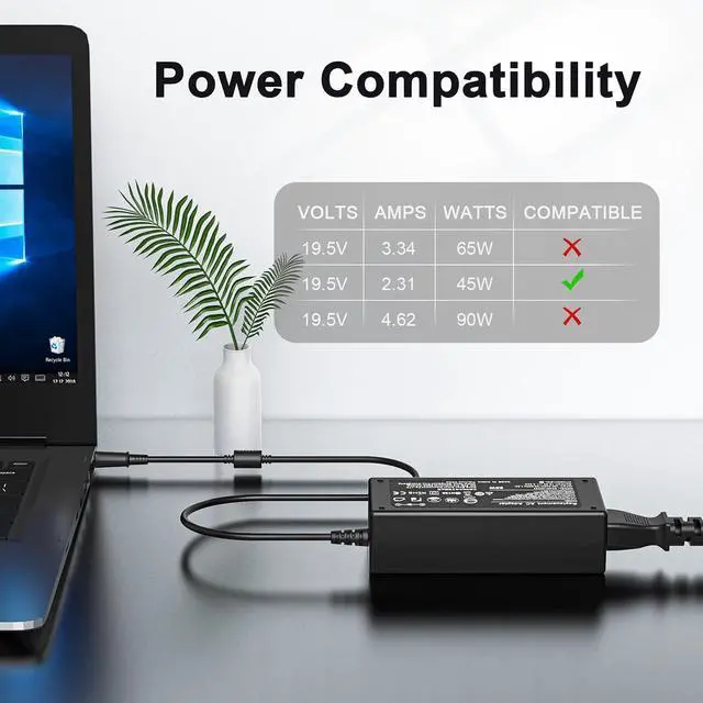 Alt view image 4 of 7 - 45W Laptop Charger Compatible with Dell Inspiron 15 3000 5000 Inspiron 11 13 14 17 Series 3147 3168 5378 7348 7352 7353 7378 Power Supply Cord