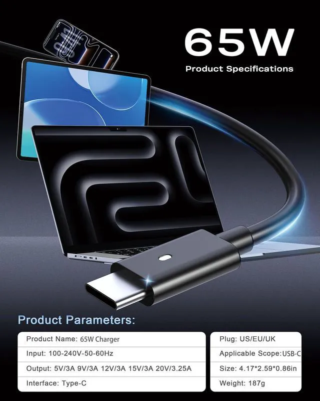 Alt view image 3 of 6 - SZGUDULO 65W 45Watt for Dell Laptop USB C Charger Latitude XPS Chromebook