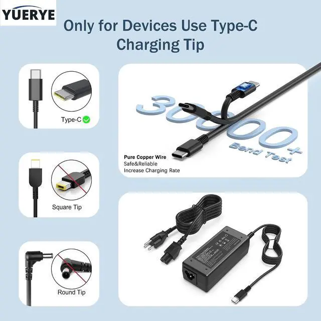 Alt view image 2 of 7 - 65W USB C Laptop Charger Compatible with Lenovo ThinkPad T480 T490 T580 X1 Carbon T14 T14s T16 E14 E16 Yoga C940 C930 720 910 920 7i Chromebook C330 S330,Type C Fast Charging Power Supply Adapter Cord