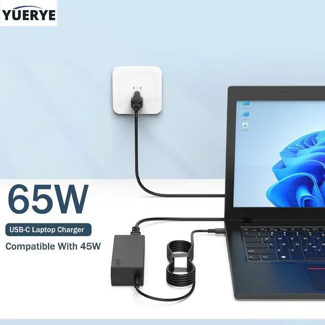 Alt view image 3 of 7 - 65W USB C Laptop Charger Compatible with Lenovo ThinkPad T480 T490 T580 X1 Carbon T14 T14s T16 E14 E16 Yoga C940 C930 720 910 920 7i Chromebook C330 S330,Type C Fast Charging Power Supply Adapter Cord