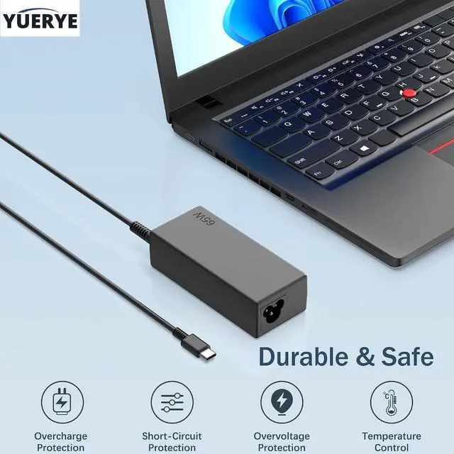 Alt view image 5 of 7 - 65W USB C Laptop Charger Compatible with Lenovo ThinkPad T480 T490 T580 X1 Carbon T14 T14s T16 E14 E16 Yoga C940 C930 720 910 920 7i Chromebook C330 S330,Type C Fast Charging Power Supply Adapter Cord