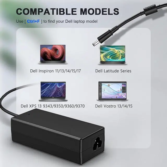 Alt view image 6 of 7 - 45W Laptop Charger Compatible with Dell Inspiron 15 3000 5000 Inspiron 11 13 14 17 Series 3147 3168 5378 7348 7352 7353 7378 Power Supply Cord