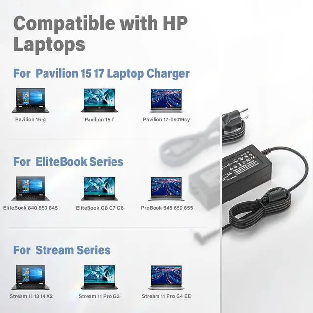 Alt view image 3 of 6 - 65W Charger Compatible with HP Pavilion X360 17 15 Stream 14 13 11 Laptop