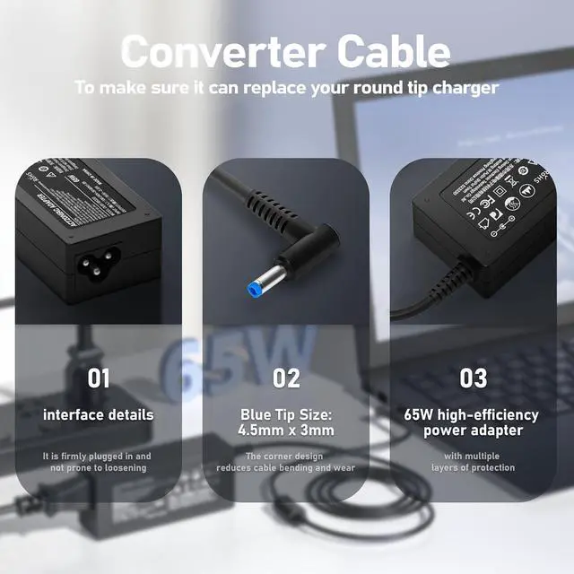 Alt view image 5 of 6 - 65W Charger Compatible with HP Pavilion X360 17 15 Stream 14 13 11 Laptop