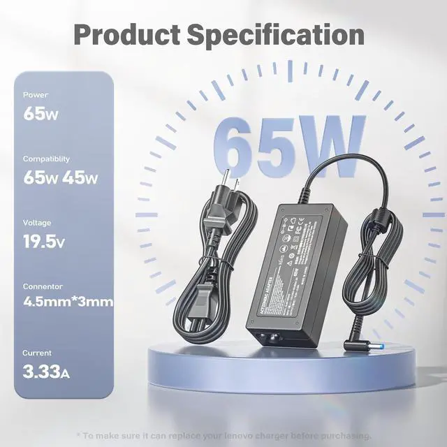 Alt view image 4 of 6 - 65W Charger Compatible with HP Pavilion X360 17 15 Stream 14 13 11 Laptop