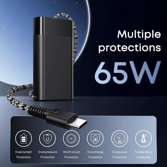 Alt view image 3 of 7 - Slim 65W USB C Laptop Charger Compatible with HP Envy,Omnibook, Chromebook, Spectre X360, Spectre, Elitebook x360, Elitebook, ProBook Travel Type C AC Adapter Power Cord Supply