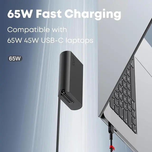 Alt view image 2 of 7 - New Slim 65W USB C Laptop Charger Compatible with Lenovo Thinkpad Yoga Chromebook Computer Fast Charging Power Cord Ac Adapter