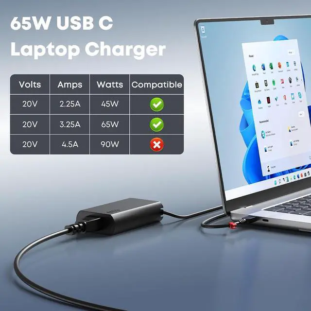 Alt view image 3 of 7 - New Slim 65W USB C Laptop Charger Compatible with Lenovo Thinkpad Yoga Chromebook Computer Fast Charging Power Cord Ac Adapter