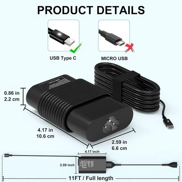 Alt view image 3 of 7 - 65W USB C Laptop Charger for Dell Pro 14 16 Plus Latitude