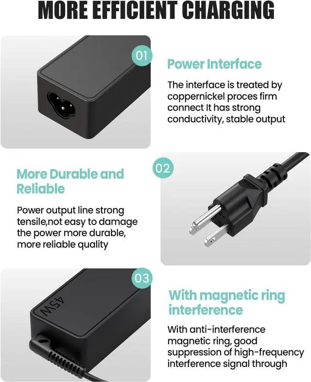 Alt view image 2 of 7 - 45W Laptop Charger for HP Chromebook, ASUS, Acer, Lenovo, Samsung, Dell, Power Adapter for Chromebook X360 Spectre X360 Elite X2, Replacement AC Adapter